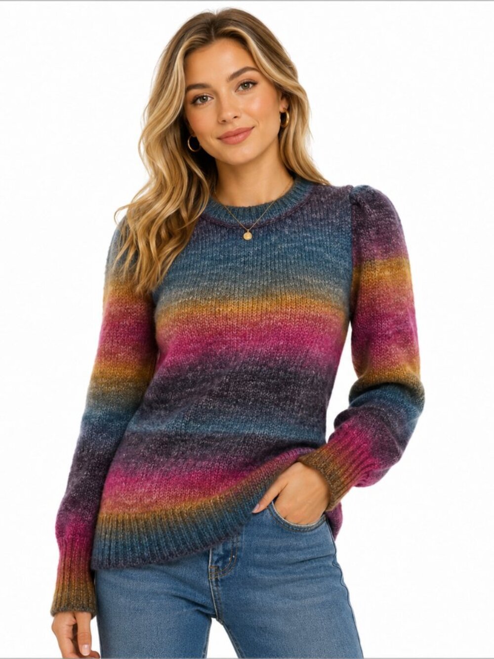 Crown & Ivy Womens S Ombre‎ Sweater Multicolor Puff Sleeve Wool Blend Boho